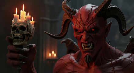 Red devil holding a skull candle holder with burning candles
