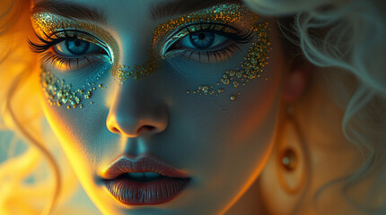 Dreamlike close-up of a model with gold glitter makeup