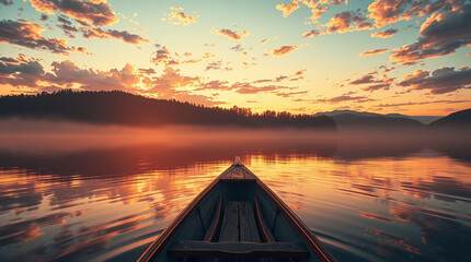 Dramatic cinematic isekai anime style depicts a wooden canoe on a calm lake at sunset. 