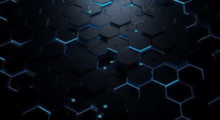 Abstract futuristic background with a dark hexagonal grid pattern and glowing blue neon lights representing a digital network connection