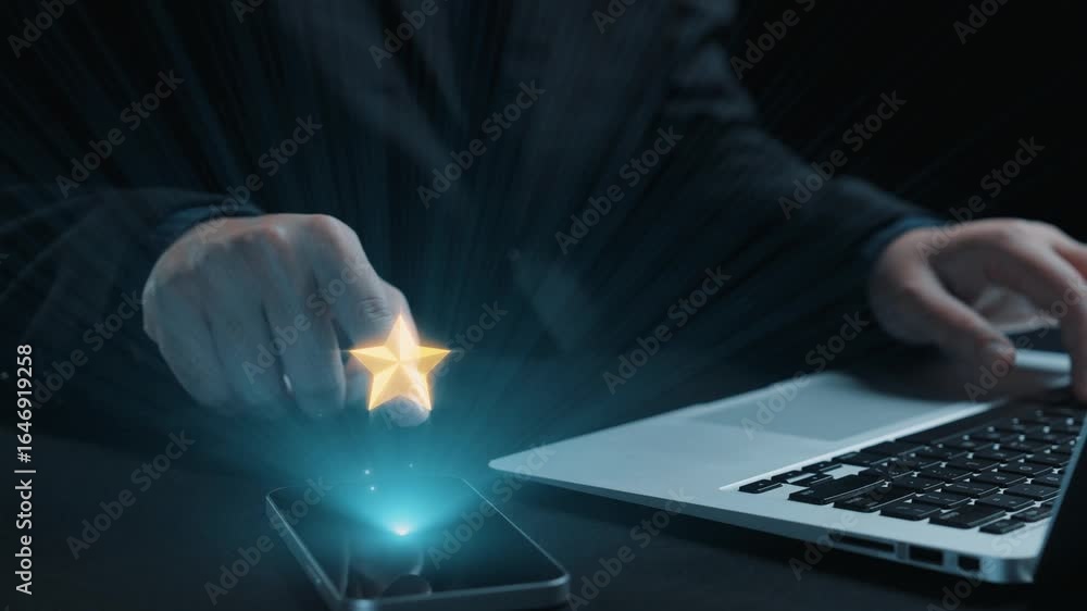 Poster a close-up view of hands typing on a laptop with glowing star ratings above and chat bubbles, repres