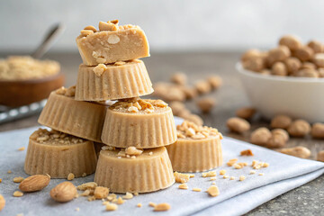 Peanut butter confections stacked with crushed nuts