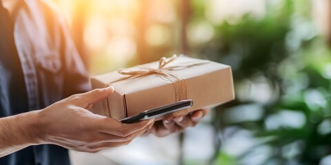Curbside courier delivering small brown package to customer outdoors at sunset, perfect for delivery apps, shipping service ads