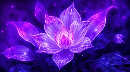 Digital painting of bioluminescent abstract floral design, deep ultraviolet hues, vivid purples, high contrast, natural light effects, vibrant glow, and detailed artwork.