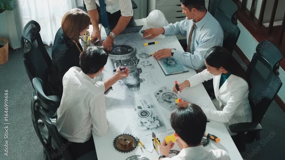 Poster group of diverse team planning strategy while sitting at table with project plan. top aerial view of