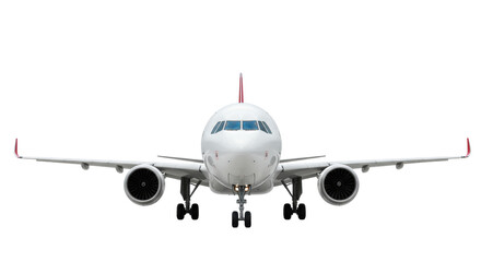 Obraz premium Sleek, modern white commercial jet with red tail accents, large engines, and extended landing gear, in a transparent studio background. Concept of global connectivity and advanced air travel