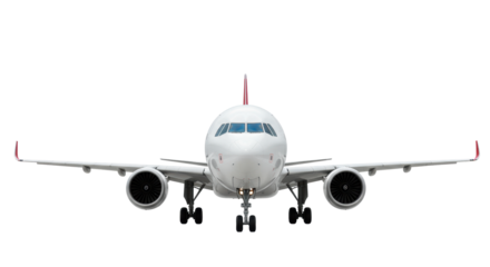 Sleek, modern white commercial jet with red tail accents, large engines, and extended landing gear, in a transparent studio background. Concept of global connectivity and advanced air travel