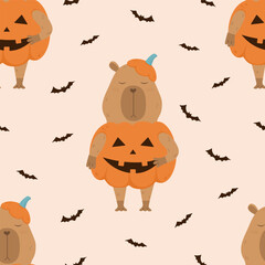 Cute capybara in pumpkin seamless pattern