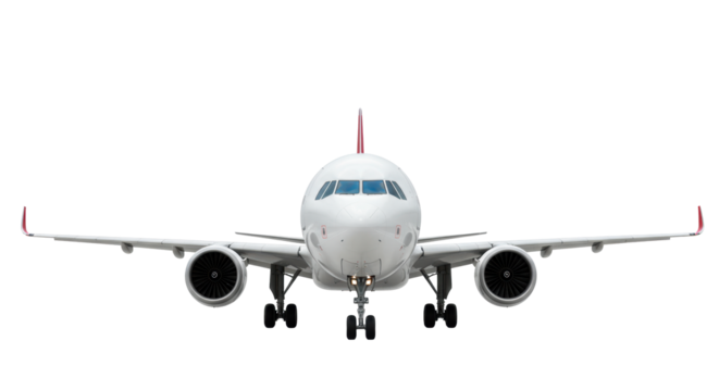 Sleek, modern white commercial jet with red tail accents, large engines, and extended landing gear, in a transparent studio background. Concept of global connectivity and advanced air travel