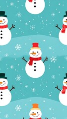 Seamless pattern of cheerful snowmen on a teal background with snowflakes