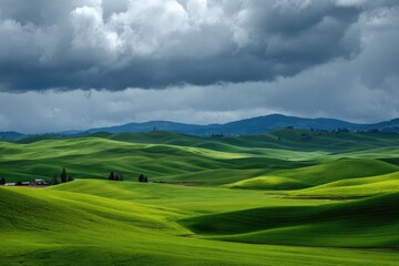 Rolling green hills under a dramatic sky