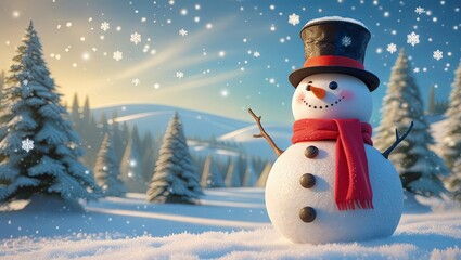 Obraz premium Festive greeting card with space for text, showcasing a joyful snowman in a snowy Christmas scene against an enchanting winter background