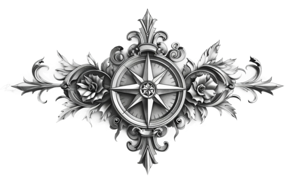 Sophisticated Chest Tattoo Design Featuring a Compass Rose Motif Isolated on Transparent Background