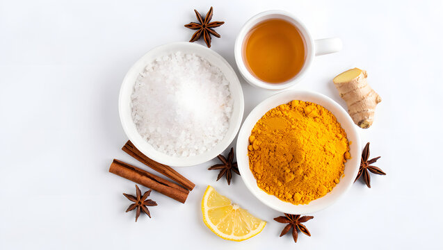 Turmeric powder, ginger root, lemon slices, cinnamon sticks, and star anise on white background - Powered by Adobe
