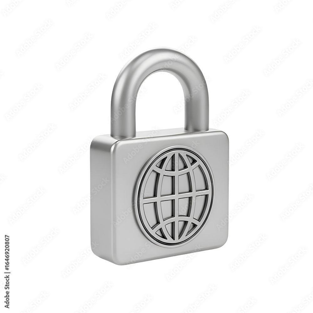 Poster metallic world globe padlock on transparent background for global security concepts