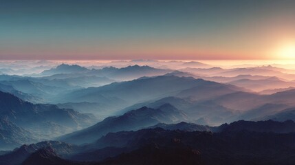 Fototapeta premium Mountain range landscape at sunrise misty peaks