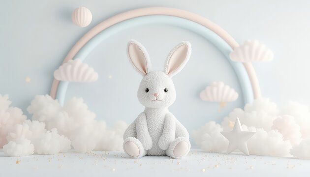 Soft plush bunny surrounded by clouds, stars, and a pastel rainbow arch creates a whimsical and comforting atmosphere