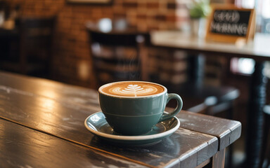 Coffee cup with latte art on a café table, warm tones