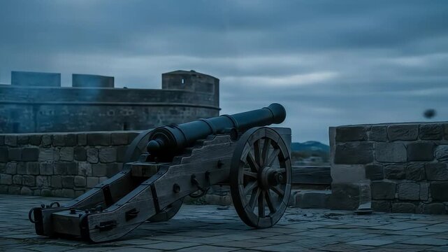 Ancient cannon on a stone parapet under a cloudy sky