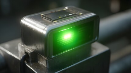 Closeup of a compact smart battery showing a blinking green LED, indicating it's fully charged by solar energy.