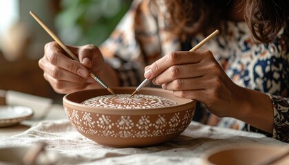 Woman Painting Decorative Pattern On A Brown Bowl