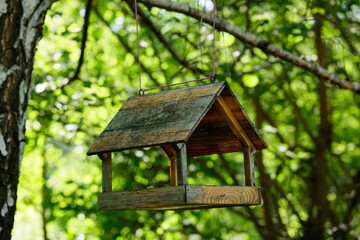 Wooden bird feeder in the form of a house in the garden, close up
