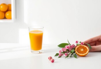 Fototapeta premium A fresh glass of orange juice sits on a pristine white surface, glass, drink