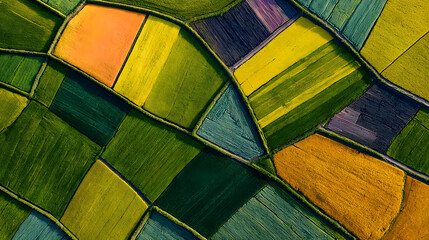 Abstract aerial view of colorful crop fields with vibrant green, yellow, orange, and purple patterns creating striking agricultural landscape