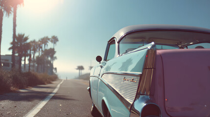Classic vintage car on sunny coastal road with palm trees and clear blue sky evoking nostalgic summer road trip feeling