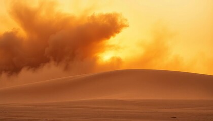 A swirling ochre dust storm obscures a sun-baked desert, sand dunes barely visible, phenomenon, wild