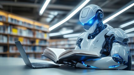 Fototapeta premium Robot Reading Book in Modern Library with Laptop Nearby