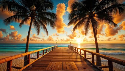Wooden boardwalk stretches into ocean at dusk, framed by palm trees under an exquisite sky, inviting contemplation and relaxation