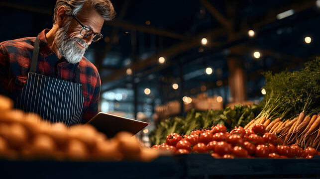 Man using digital tablet in grocery store with fresh vegetables and fruits, focused and engaged in inventory management at night - Powered by Adobe