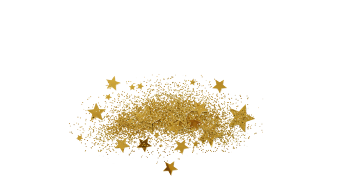 Static, artfully arranged golden glitter stars and dust on a transparent studio background, photorealistic flat lay with extreme depth of field, conveying successful accomplishment