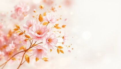 Fototapeta premium Delicate Pink Blossoms with Golden Leaves on a Soft White Gradient Background, Evoking a Feeling of Serenity and Tranquility