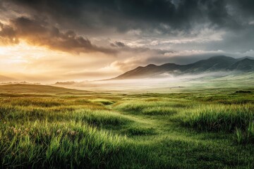 Sunrise over a misty valley, vibrant colors, grassy plains, dramatic clouds