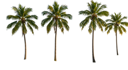 Four tall coconut palm trees stand on pristine sandy dunes with green beach grass, bathed in warm golden hour light under a blue sky, creating long shadows. Idyllic tropical paradise concept