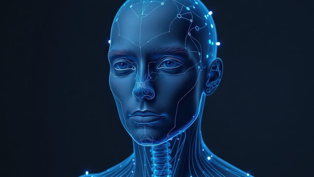 Blue human figure with glowing nodes and connecting lines against a dark background in close up view