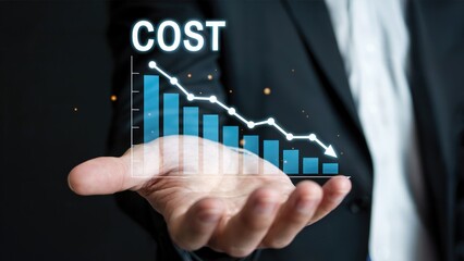 Dramatic cost reduction illustrated with descending graph held in hand for strategic business planning