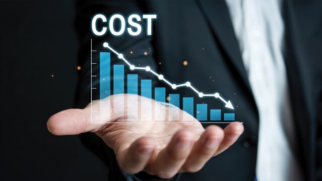 Dramatic cost reduction illustrated with descending graph held in hand for strategic business planning