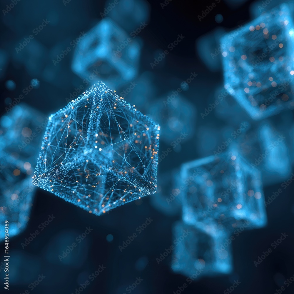 Poster glowing blue cubes float formed from points and lines in a dark abstract space
