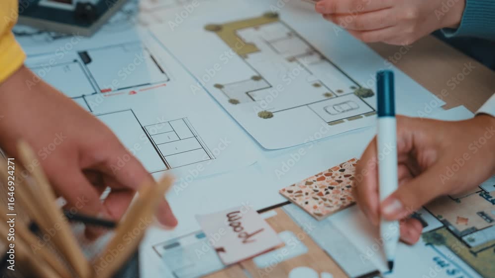 Poster a vibrant workspace captures a collaborative architecture planning session with hands sketching deta