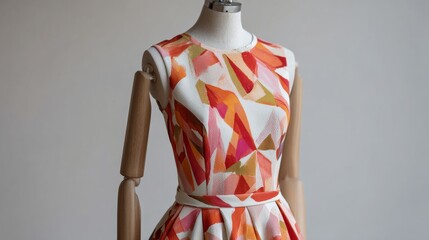 A stylish dress with a bold hand painted geometric pattern in a fall color palette, representing modern fashion and artistic textile design