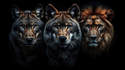 Three majestic animals, two wolves and a lion, gaze intently. Dark background enhances their features