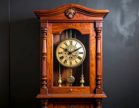 Antique wooden grandfather clock against dark background