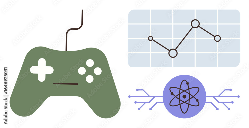 Poster green game controller, data graph with connecting points, and atom encircled by circuit lines. ideal