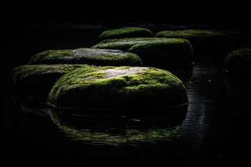 Moss-covered stones in a dark stream