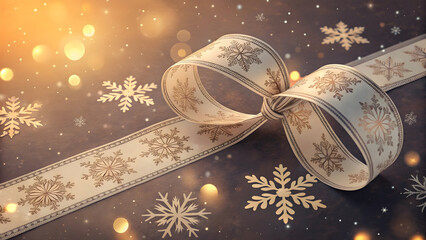 Cream ribbon with snowflake pattern tied in a bow with scattered snowflakes and bokeh lights full hd 4k stock image download
