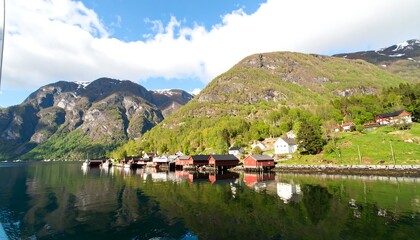 Fototapeta premium Fjord village nestled in mountains