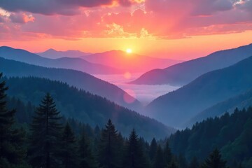 Obraz premium Serene sunrise over misty mountains, conveying a sense of peace and spiritual awakening Perfect for meditation, yoga, or mindfulness themes , calm, Islam, Christianity